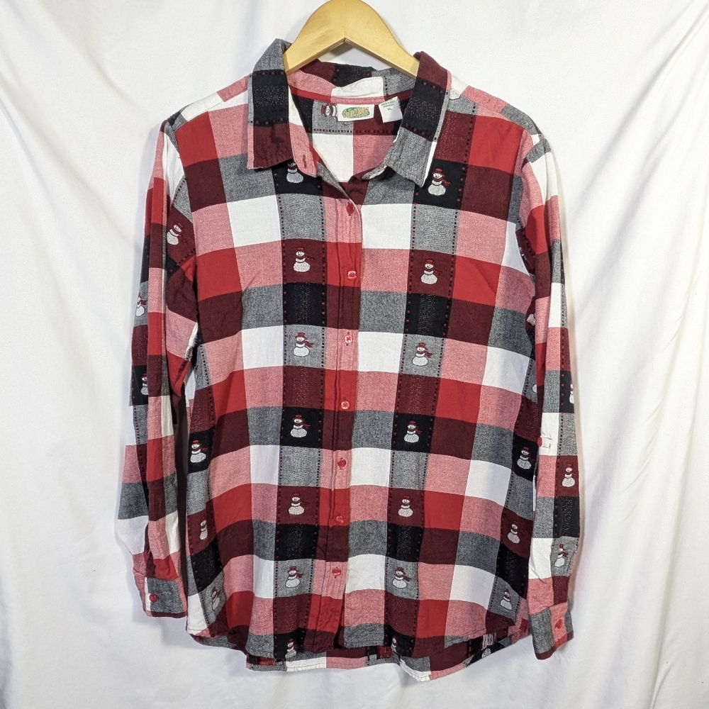 Collections Etc. Checked Plaid Snowman‎ Cotton Buttondown Shirt Holiday Sz L
